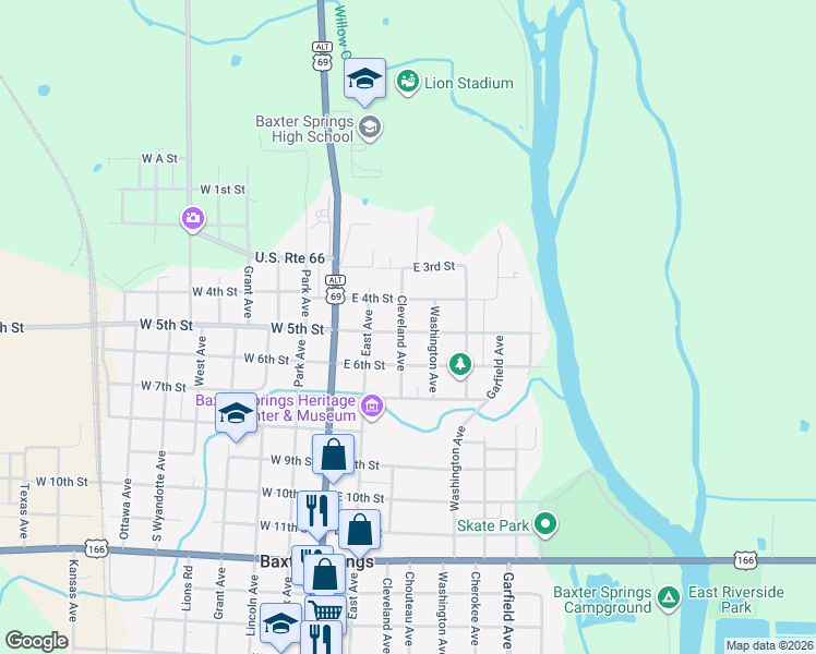map of restaurants, bars, coffee shops, grocery stores, and more near 501-599 Cleveland Ave in Baxter Springs