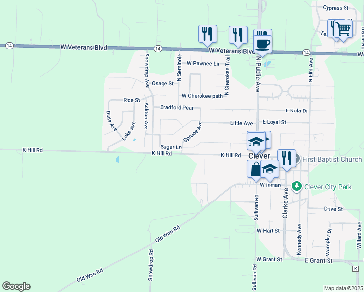 map of restaurants, bars, coffee shops, grocery stores, and more near 105 Spruce Avenue in Clever