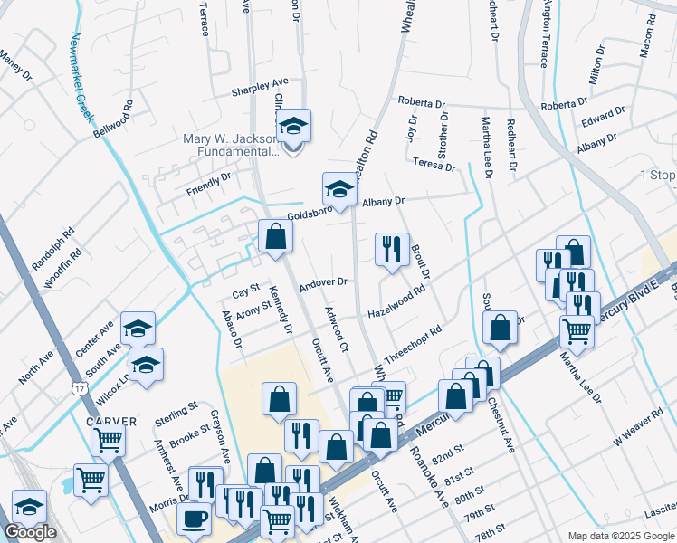 map of restaurants, bars, coffee shops, grocery stores, and more near 4905 Andover Drive in Hampton