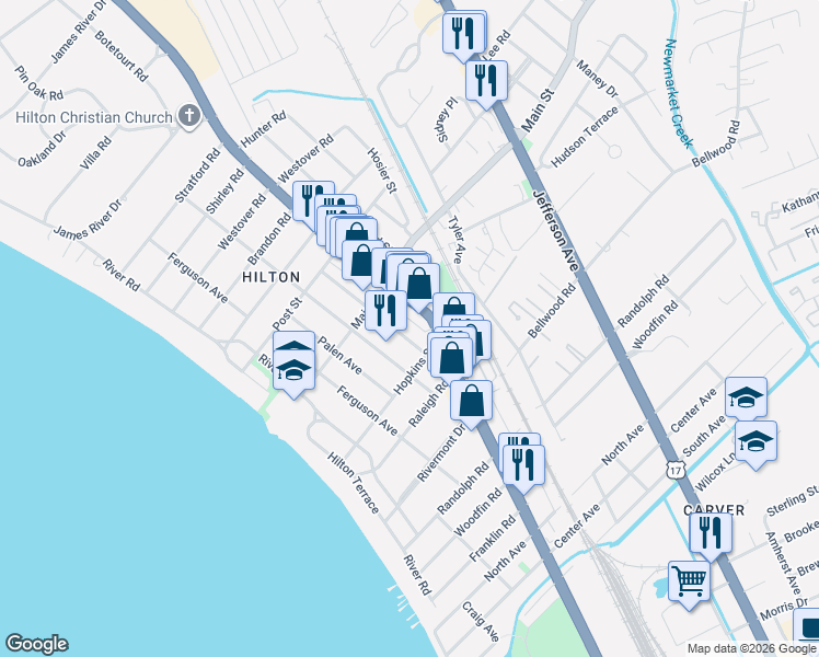 map of restaurants, bars, coffee shops, grocery stores, and more near 203 Piez Avenue in Newport News