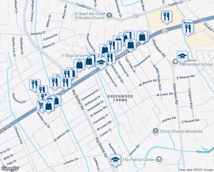 map of restaurants, bars, coffee shops, grocery stores, and more near 26 Woodbury Forrest Drive in Hampton