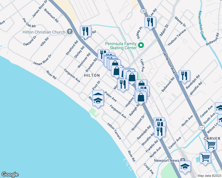 map of restaurants, bars, coffee shops, grocery stores, and more near 65 Main Street in Newport News