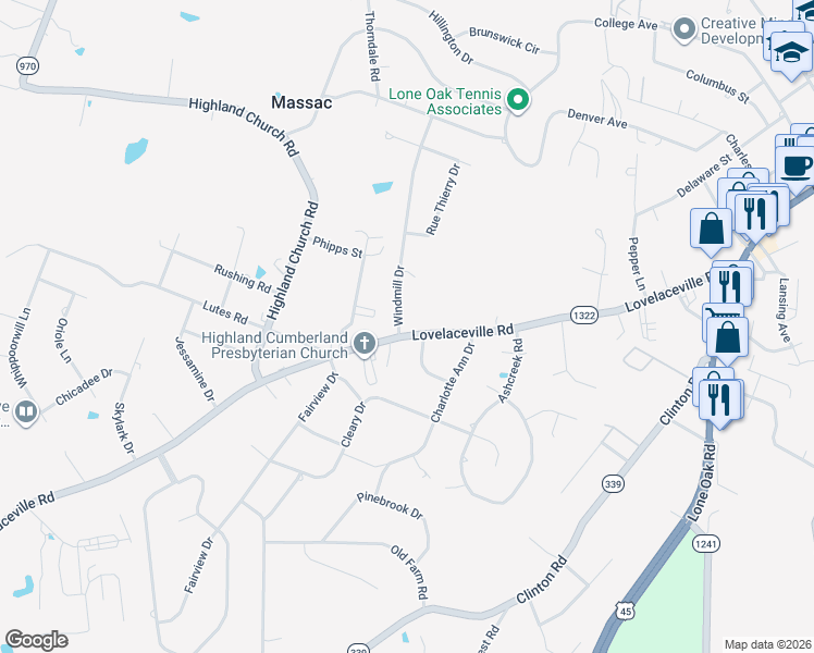 map of restaurants, bars, coffee shops, grocery stores, and more near 3920 Lovelaceville Road in Paducah