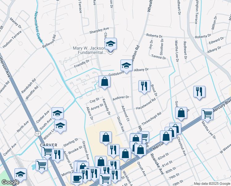 map of restaurants, bars, coffee shops, grocery stores, and more near 8518 Orcutt Avenue in Newport News