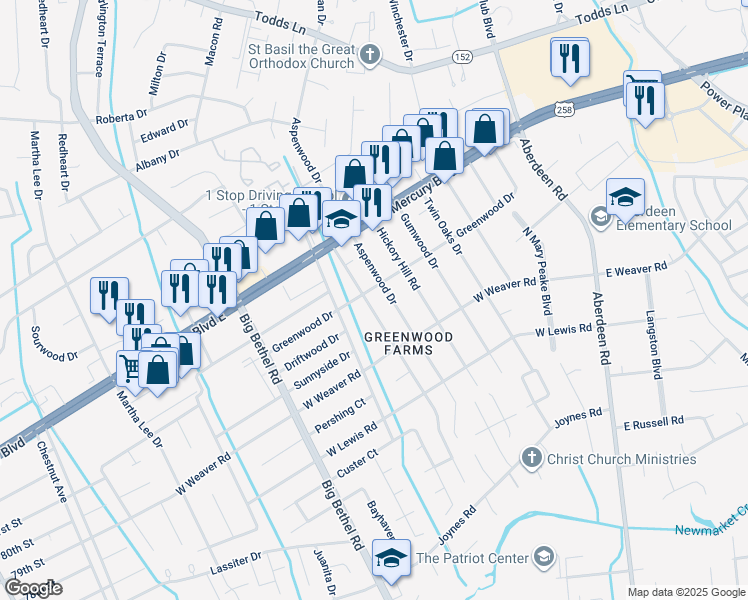 map of restaurants, bars, coffee shops, grocery stores, and more near 23 Woodbury Forrest Drive in Hampton