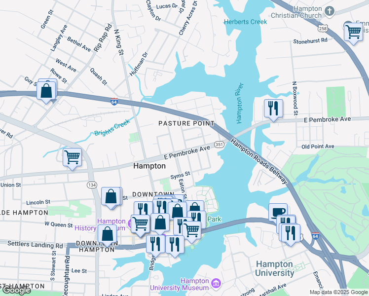 map of restaurants, bars, coffee shops, grocery stores, and more near 396 Eaton Street in Hampton