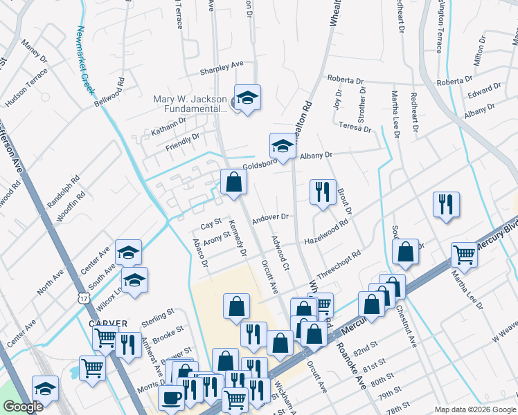 map of restaurants, bars, coffee shops, grocery stores, and more near 8518 Orcutt Avenue in Newport News