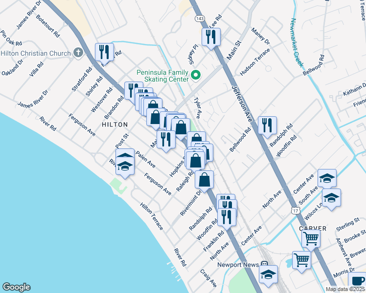 map of restaurants, bars, coffee shops, grocery stores, and more near 203 Piez Avenue in Newport News