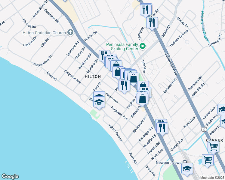 map of restaurants, bars, coffee shops, grocery stores, and more near 65 Main Street in Newport News