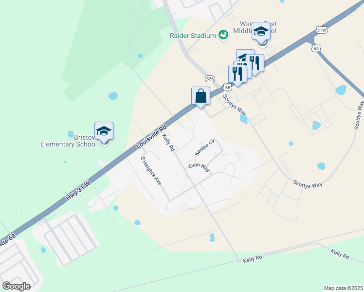 map of restaurants, bars, coffee shops, grocery stores, and more near 321 Kenlee Circle in Bowling Green