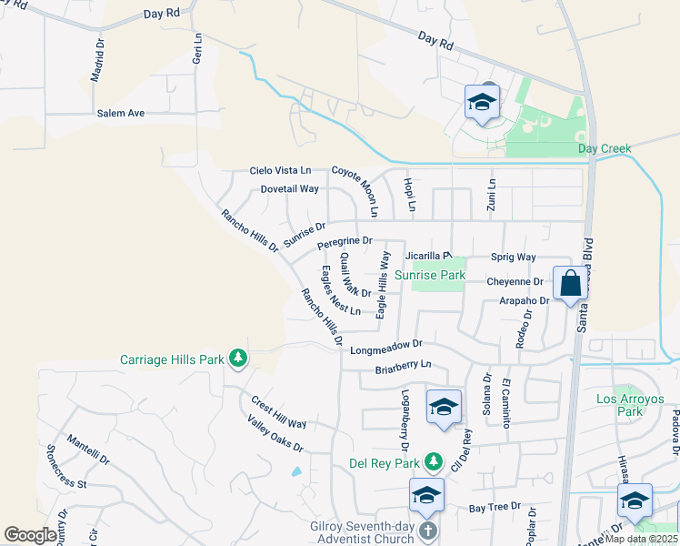 map of restaurants, bars, coffee shops, grocery stores, and more near 1520 Quail Walk Drive in Gilroy