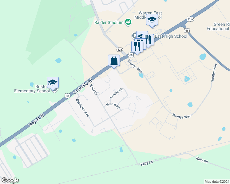 map of restaurants, bars, coffee shops, grocery stores, and more near 321 Kenlee Circle in Bowling Green