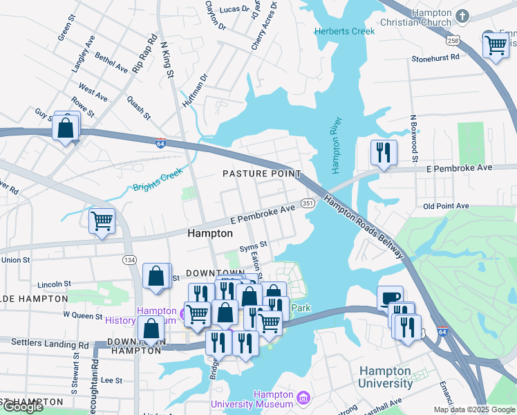 map of restaurants, bars, coffee shops, grocery stores, and more near 396 Eaton Street in Hampton