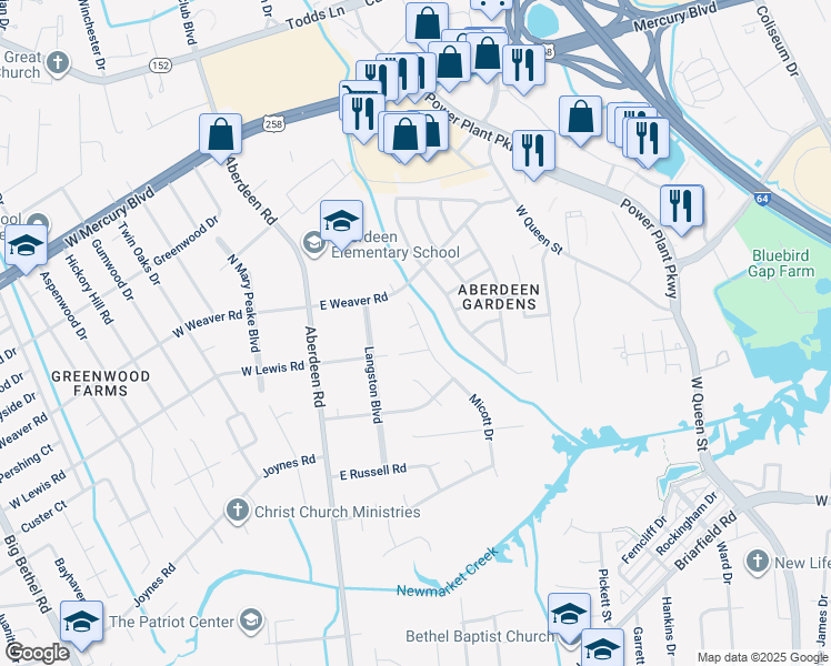 map of restaurants, bars, coffee shops, grocery stores, and more near 1205 Micott Drive in Hampton
