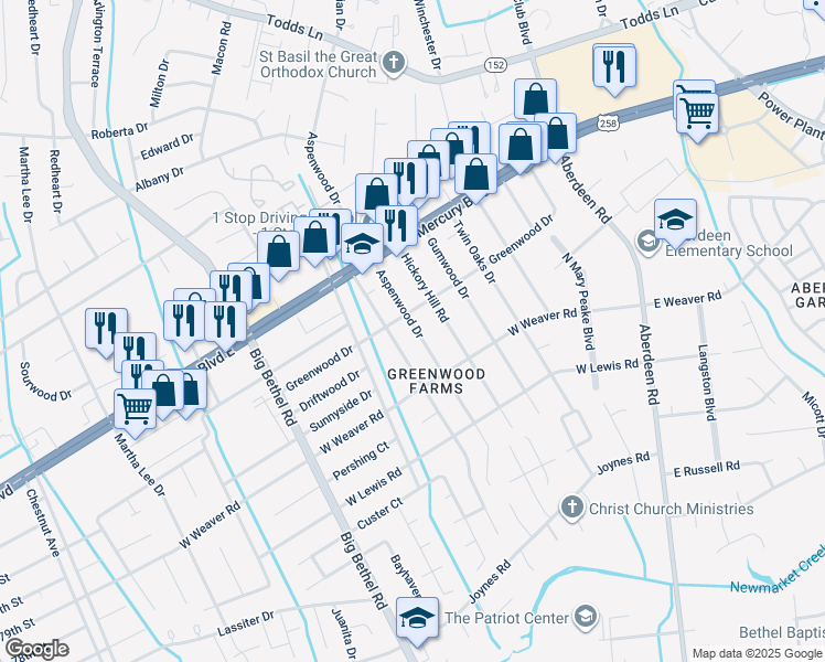 map of restaurants, bars, coffee shops, grocery stores, and more near 38 Aspenwood Drive in Hampton