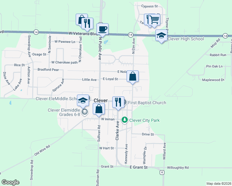 map of restaurants, bars, coffee shops, grocery stores, and more near 101 West Brown Street in Clever