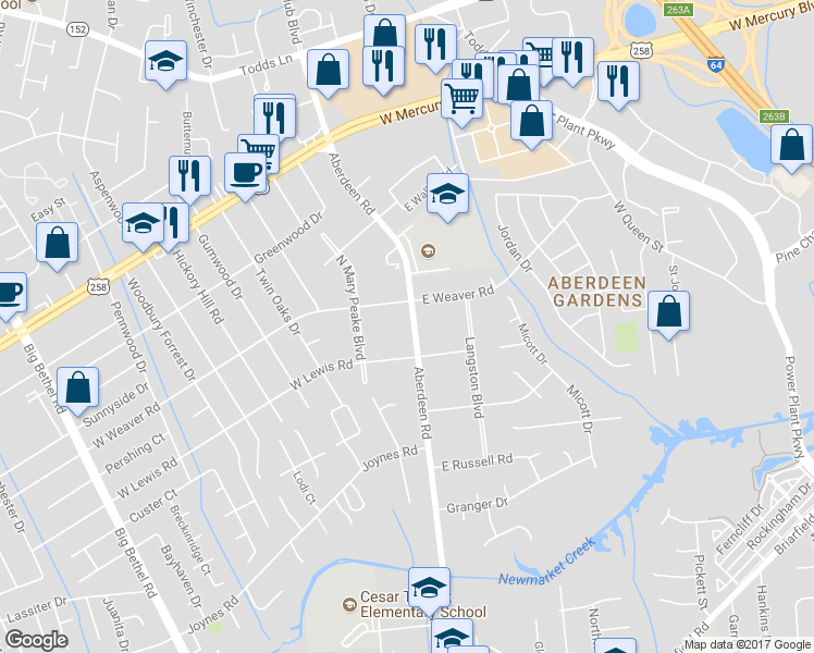 map of restaurants, bars, coffee shops, grocery stores, and more near 1209 Aberdeen Road in Hampton