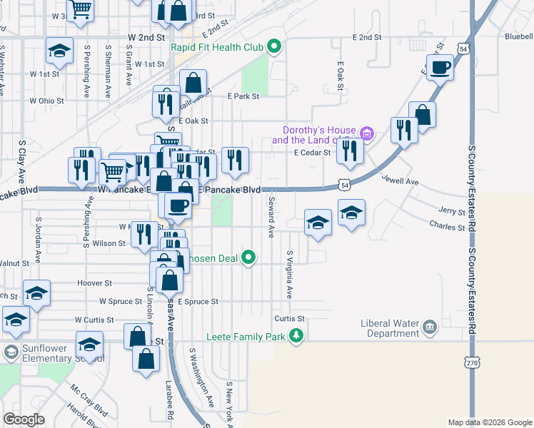 map of restaurants, bars, coffee shops, grocery stores, and more near 400-448 East Hickory Street in Liberal
