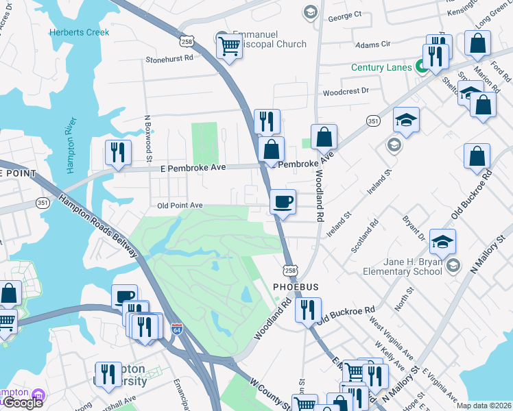 map of restaurants, bars, coffee shops, grocery stores, and more near 602 Oakland Avenue in Hampton