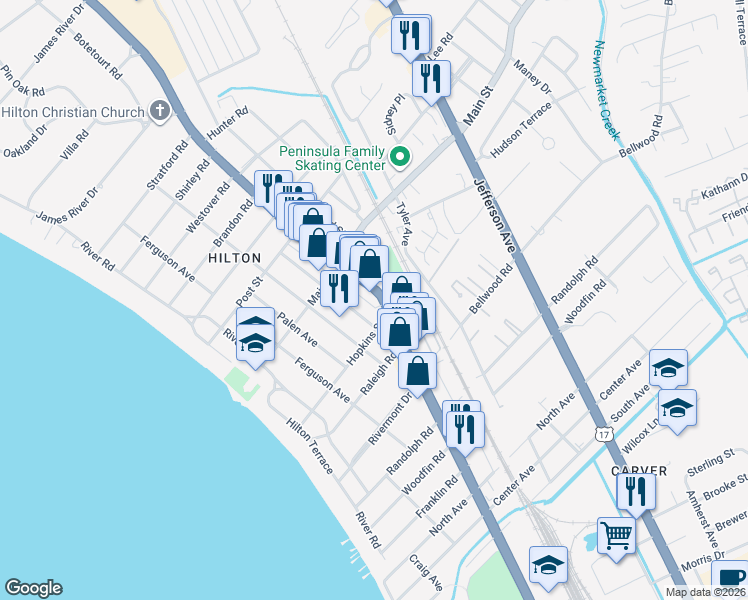 map of restaurants, bars, coffee shops, grocery stores, and more near 203 Piez Avenue in Newport News