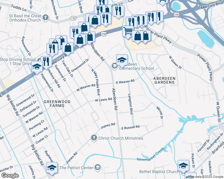 map of restaurants, bars, coffee shops, grocery stores, and more near 1209 Aberdeen Road in Hampton