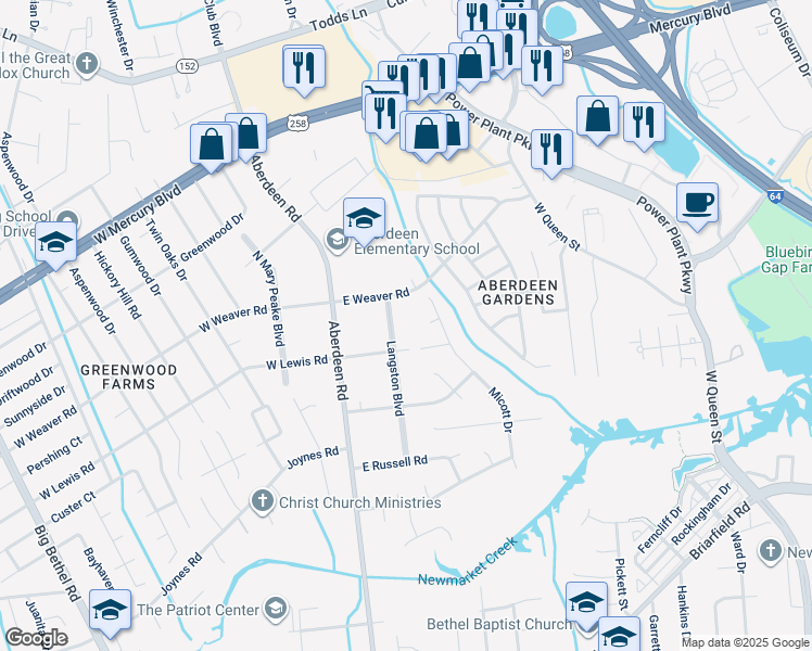 map of restaurants, bars, coffee shops, grocery stores, and more near 40 Langston Boulevard in Hampton