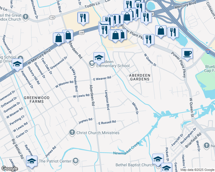 map of restaurants, bars, coffee shops, grocery stores, and more near 40 Langston Boulevard in Hampton