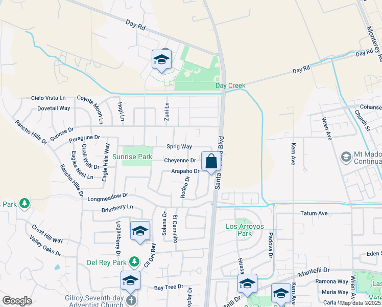 map of restaurants, bars, coffee shops, grocery stores, and more near 9544 Rodeo Drive in Gilroy