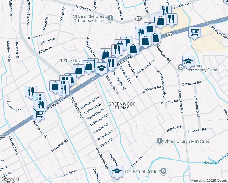 map of restaurants, bars, coffee shops, grocery stores, and more near 24 Aspenwood Drive in Hampton