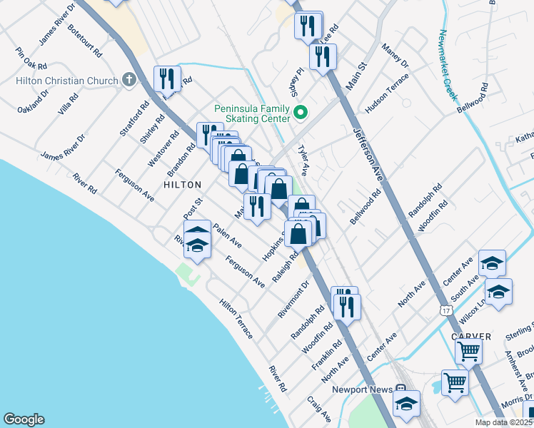 map of restaurants, bars, coffee shops, grocery stores, and more near 218 Piez Avenue in Newport News