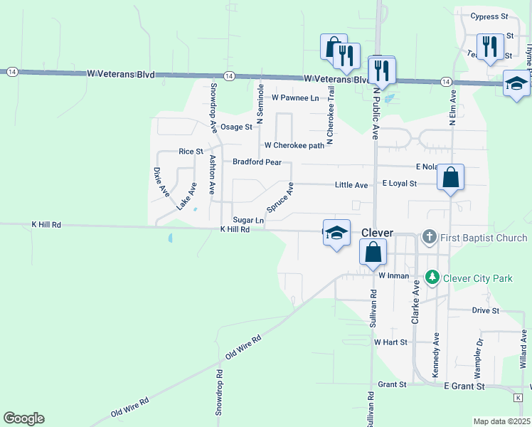 map of restaurants, bars, coffee shops, grocery stores, and more near 114 Spruce Avenue in Clever
