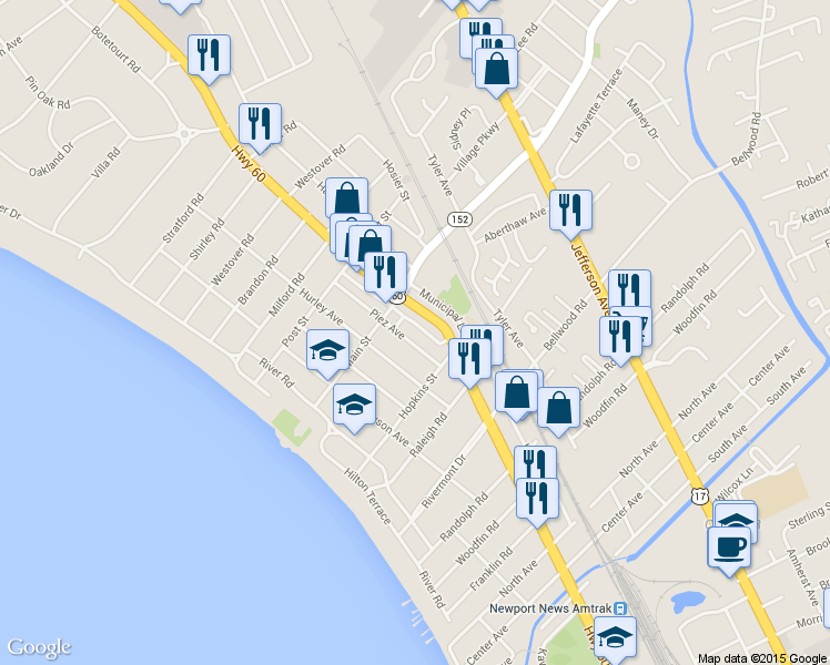 map of restaurants, bars, coffee shops, grocery stores, and more near 218 Piez Avenue in Newport News