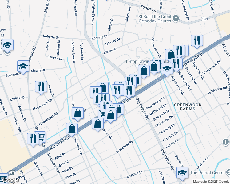 map of restaurants, bars, coffee shops, grocery stores, and more near 411 Yale Drive in Hampton