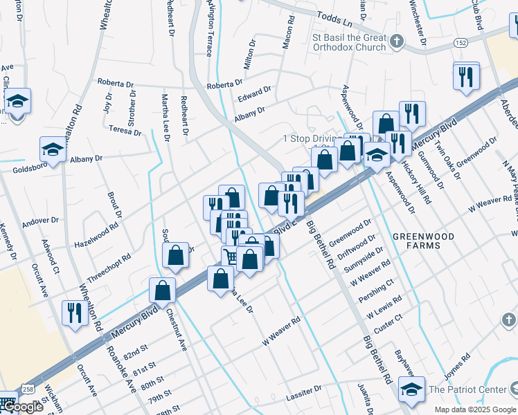 map of restaurants, bars, coffee shops, grocery stores, and more near 411 Yale Drive in Hampton