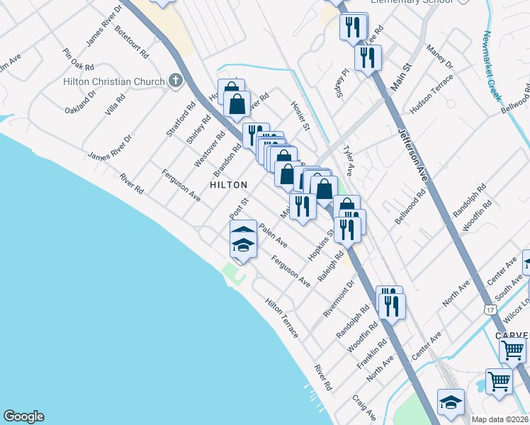 map of restaurants, bars, coffee shops, grocery stores, and more near 311 Piez Avenue in Newport News