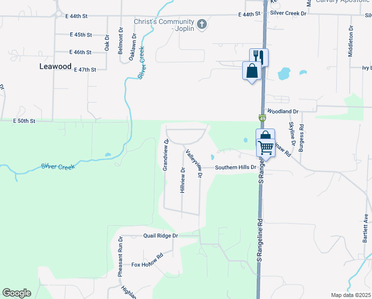 map of restaurants, bars, coffee shops, grocery stores, and more near 101 Hillview Drive in Joplin