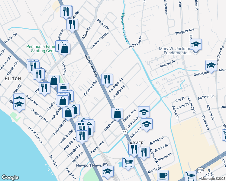 map of restaurants, bars, coffee shops, grocery stores, and more near 606 Randolph Road in Newport News