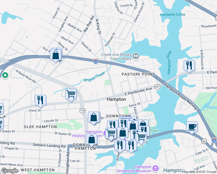 map of restaurants, bars, coffee shops, grocery stores, and more near 701 North King Street in Hampton