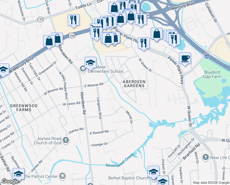 map of restaurants, bars, coffee shops, grocery stores, and more near 51 Jordan Drive in Hampton