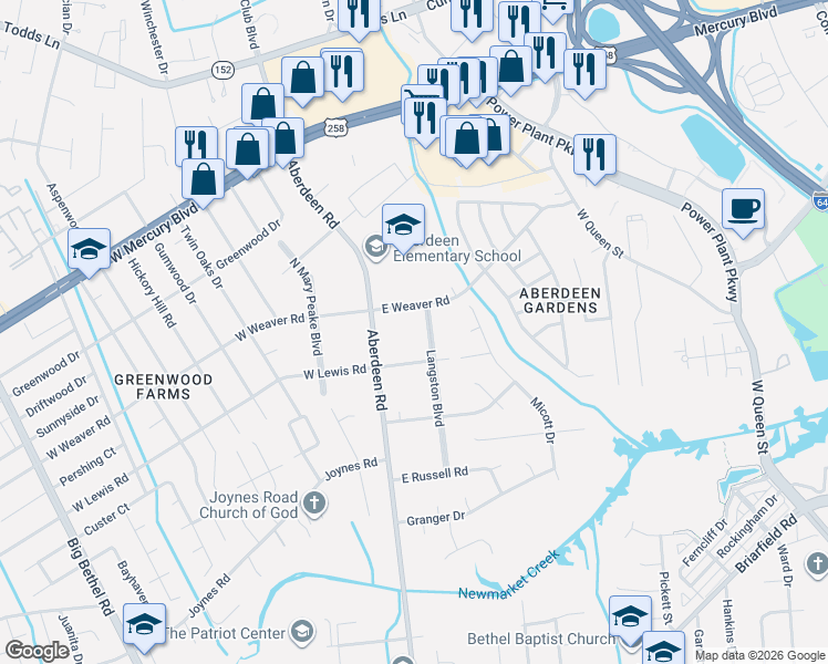 map of restaurants, bars, coffee shops, grocery stores, and more near 47 Langston Boulevard in Hampton