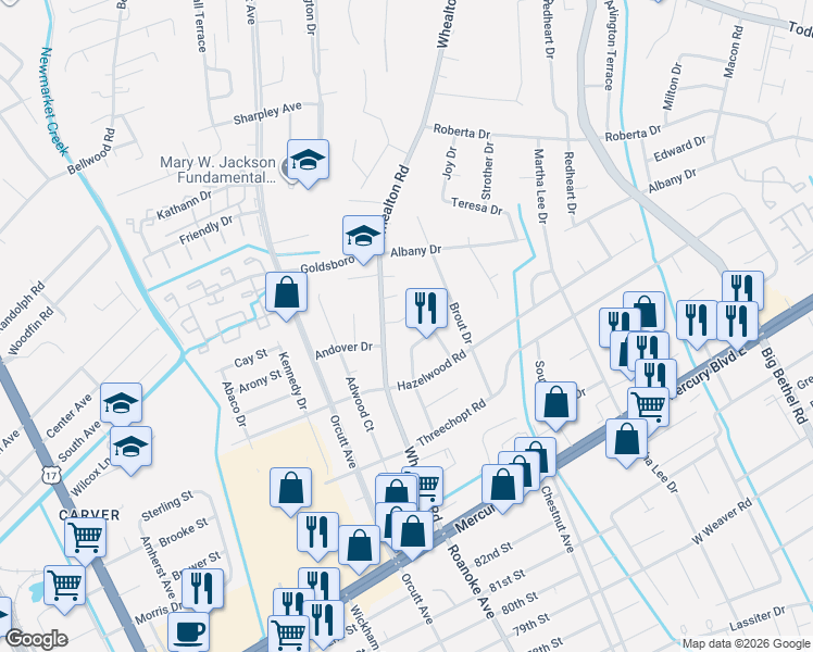 map of restaurants, bars, coffee shops, grocery stores, and more near 392 Whealton Road in Hampton