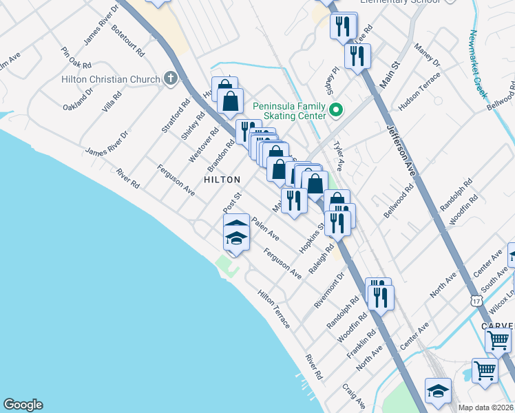 map of restaurants, bars, coffee shops, grocery stores, and more near 311 Piez Avenue in Newport News