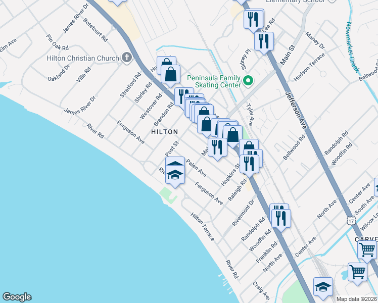 map of restaurants, bars, coffee shops, grocery stores, and more near 311 Piez Avenue in Newport News