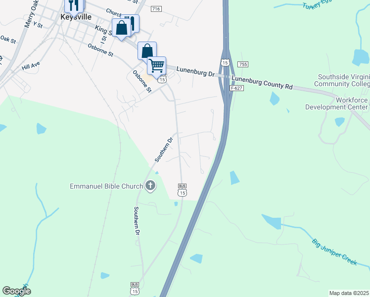 map of restaurants, bars, coffee shops, grocery stores, and more near June Lane in Keysville