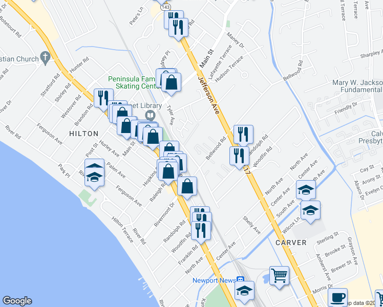 map of restaurants, bars, coffee shops, grocery stores, and more near 216 Tyler Avenue in Newport News