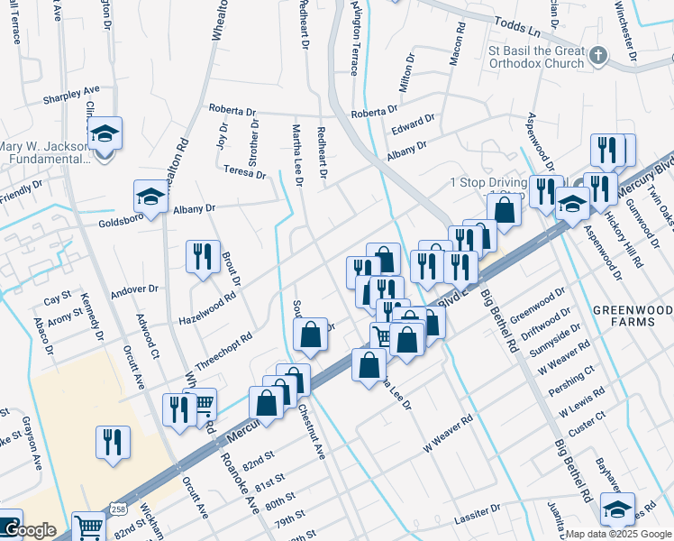 map of restaurants, bars, coffee shops, grocery stores, and more near 326 Martha Lee Drive in Hampton