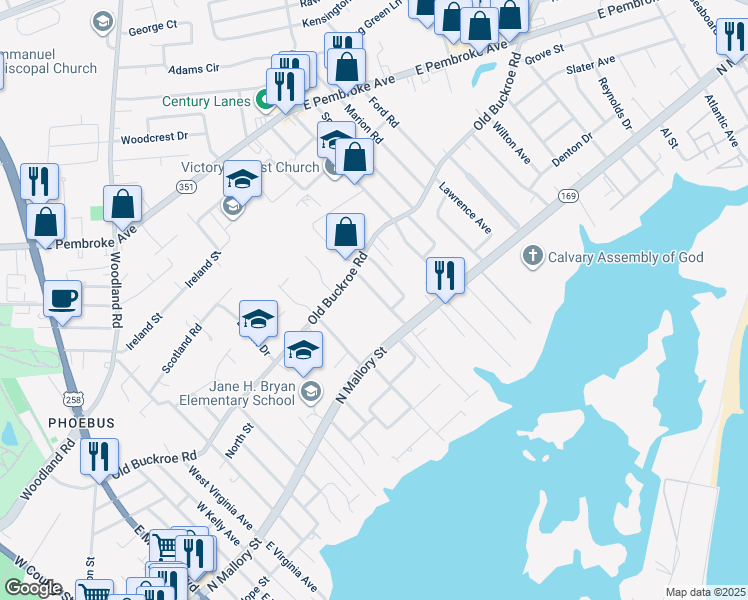 map of restaurants, bars, coffee shops, grocery stores, and more near 13 Berkley Drive in Hampton