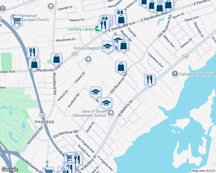 map of restaurants, bars, coffee shops, grocery stores, and more near 410 Institute Drive in Hampton