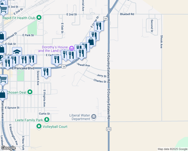 map of restaurants, bars, coffee shops, grocery stores, and more near 1200-1498 Jewell Avenue in Liberal
