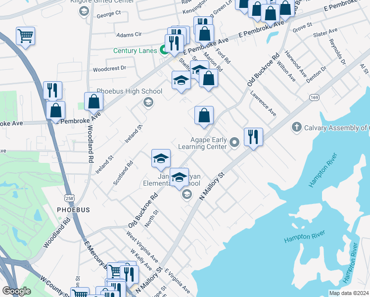 map of restaurants, bars, coffee shops, grocery stores, and more near 408 Institute Drive in Hampton